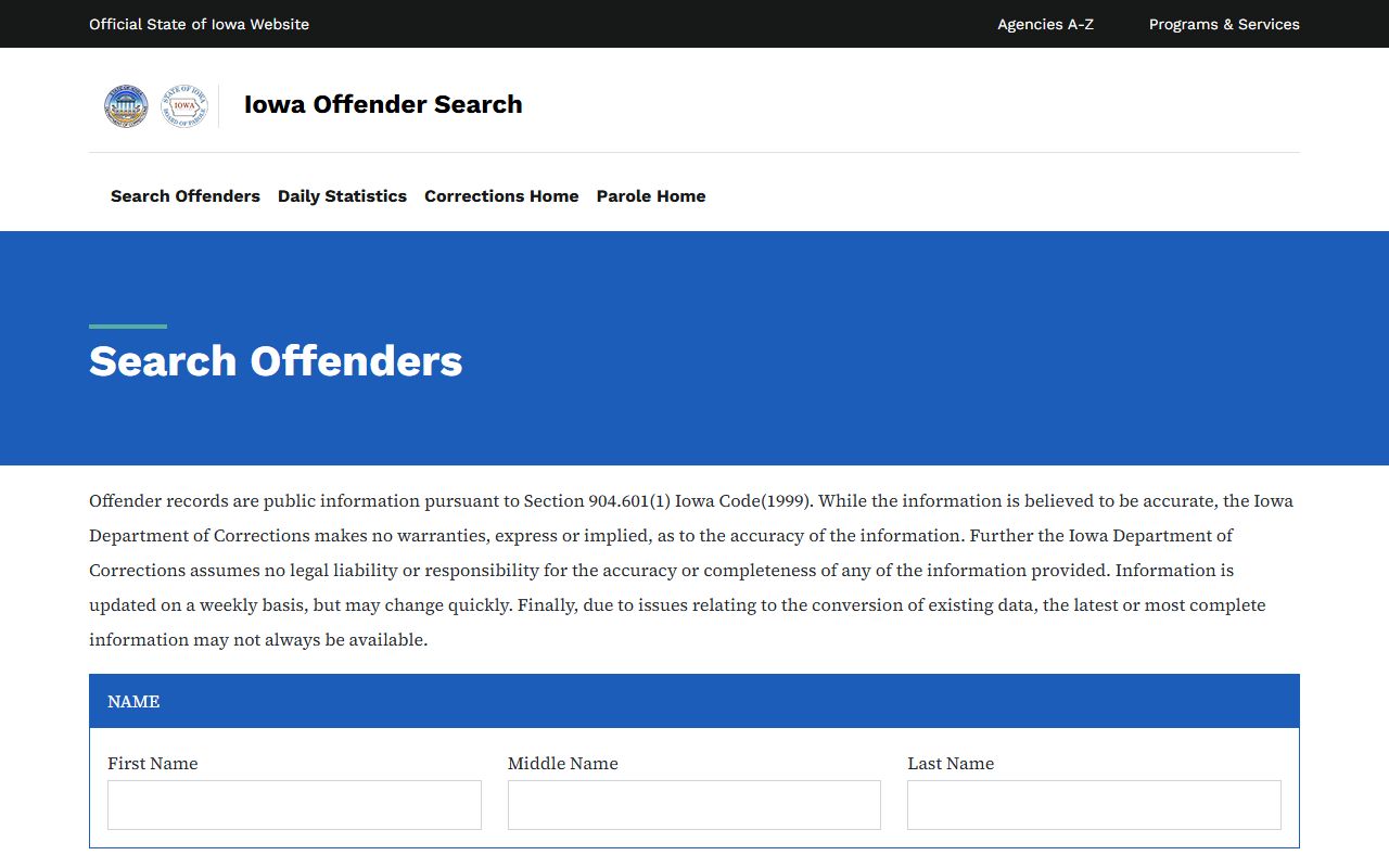 Iowa DOC Offender Search fields for state prisoner lookup